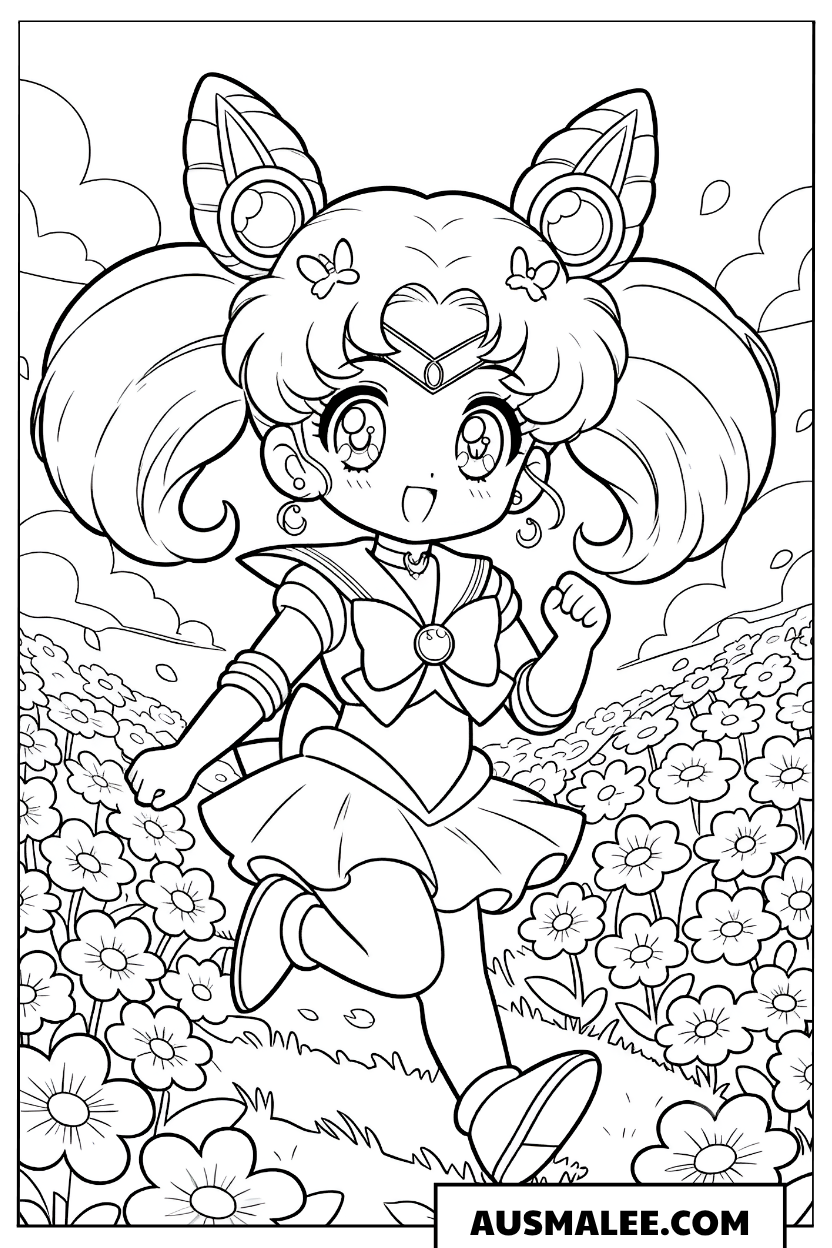 Ausmalbild Sailor Chibi Moon auf der Blumenwiese