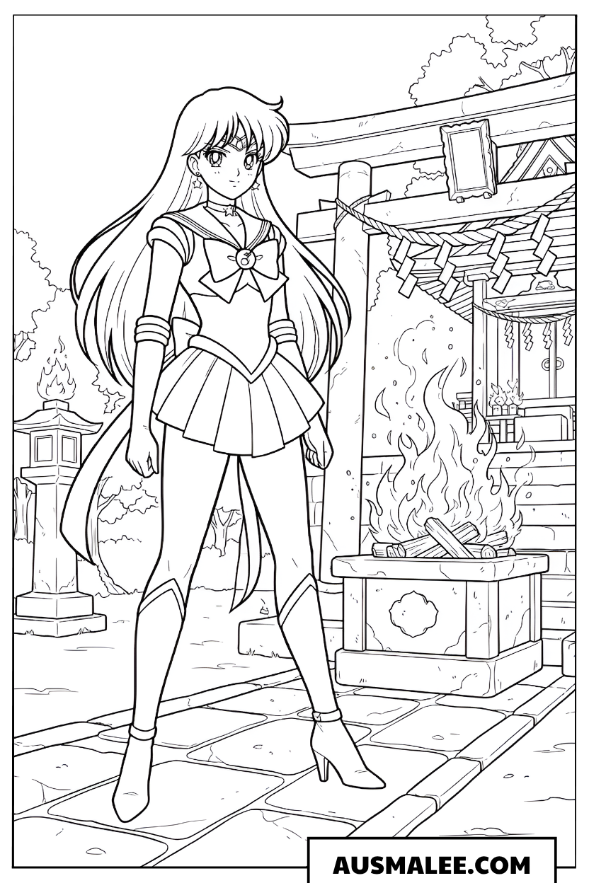 Ausmalbild Sailor Mars am Schrein