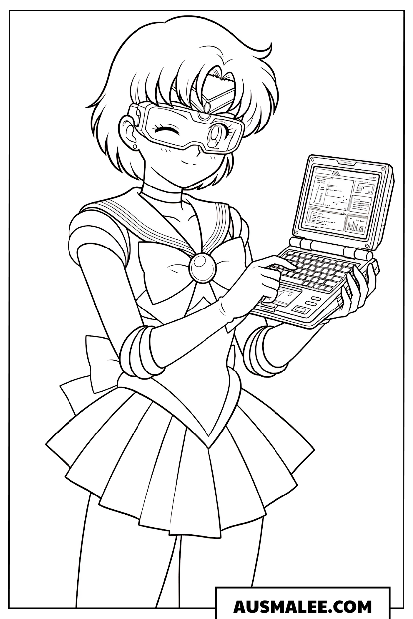 Ausmalbild Sailor Mercury mit Laptop