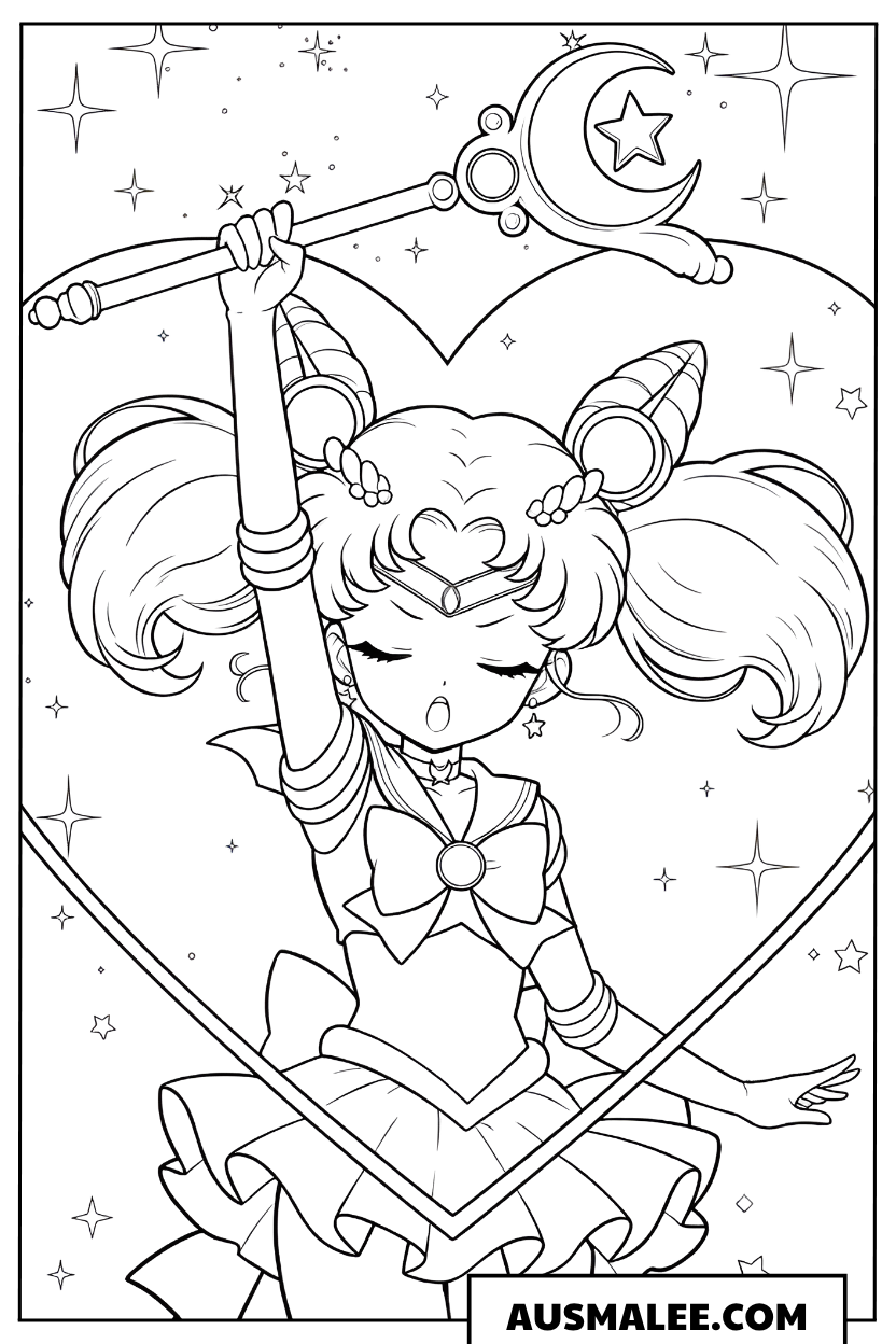 Ausmalbild Sailor Moon mit Stab und Schwert