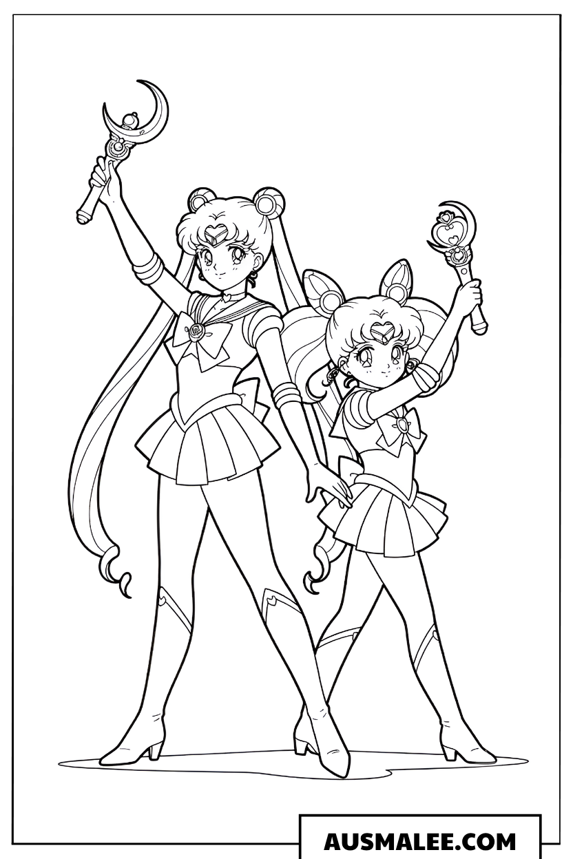 Ausmalbild Sailor Moon und Chibi Moon mit Stäben