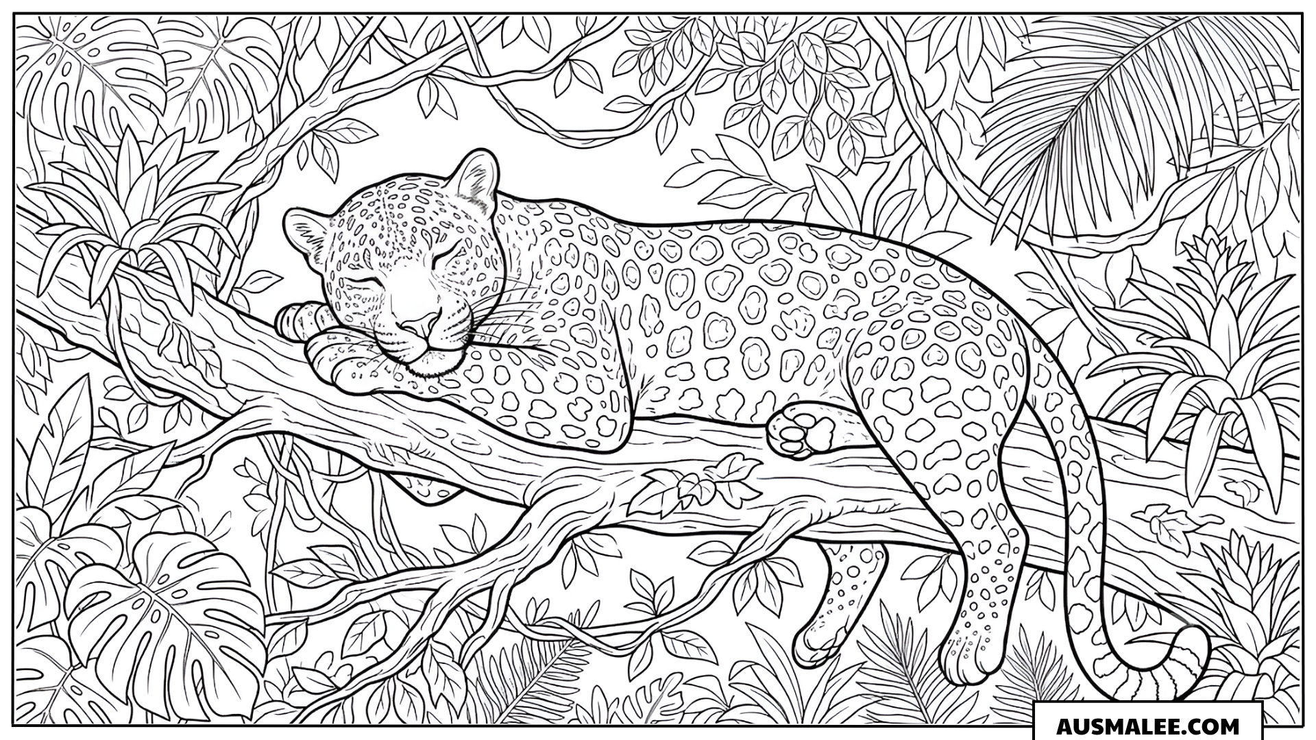 Ausmalbild Schlafender Leopard auf dem Ast