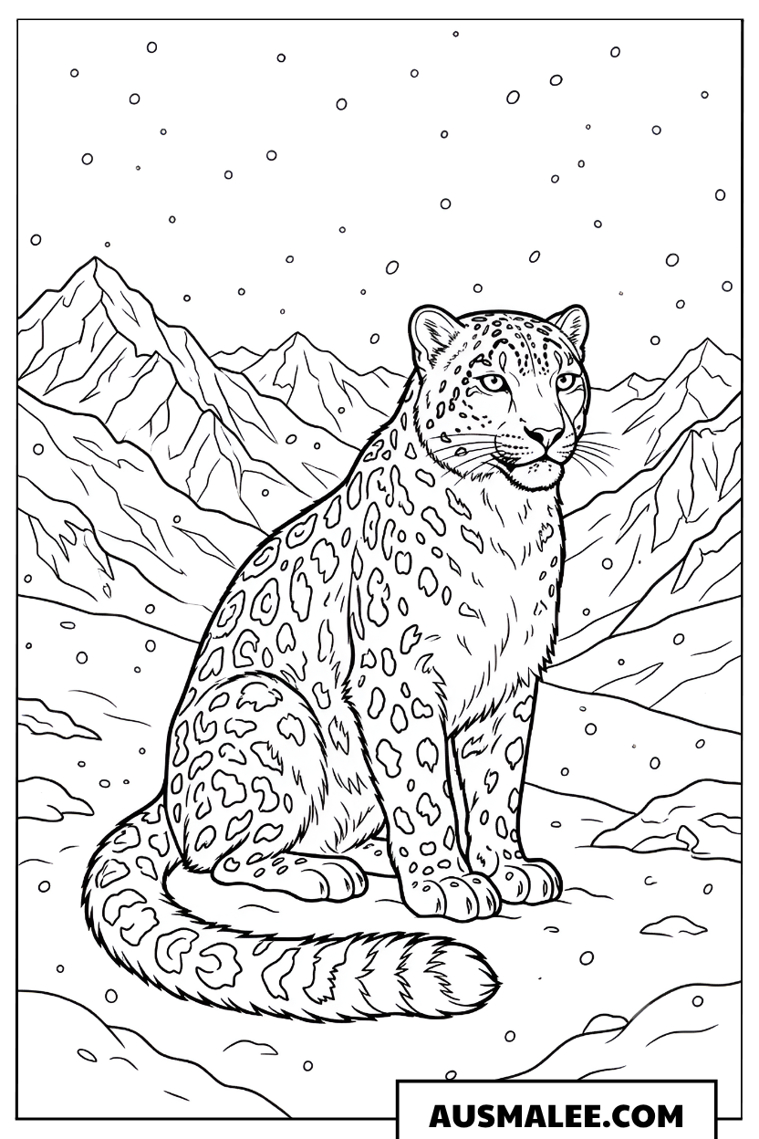 Ausmalbild Schneeleopard in den Bergen
