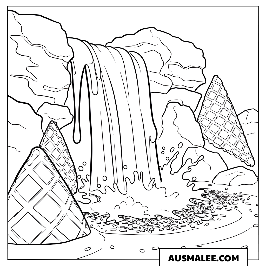 Ausmalbild Schokoladen-Wasserfall