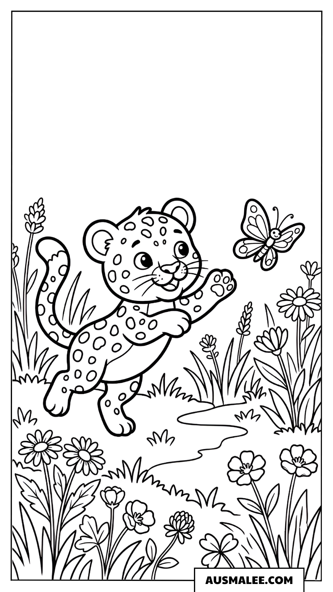 Ausmalbild Süßer Leopard mit Schmetterling