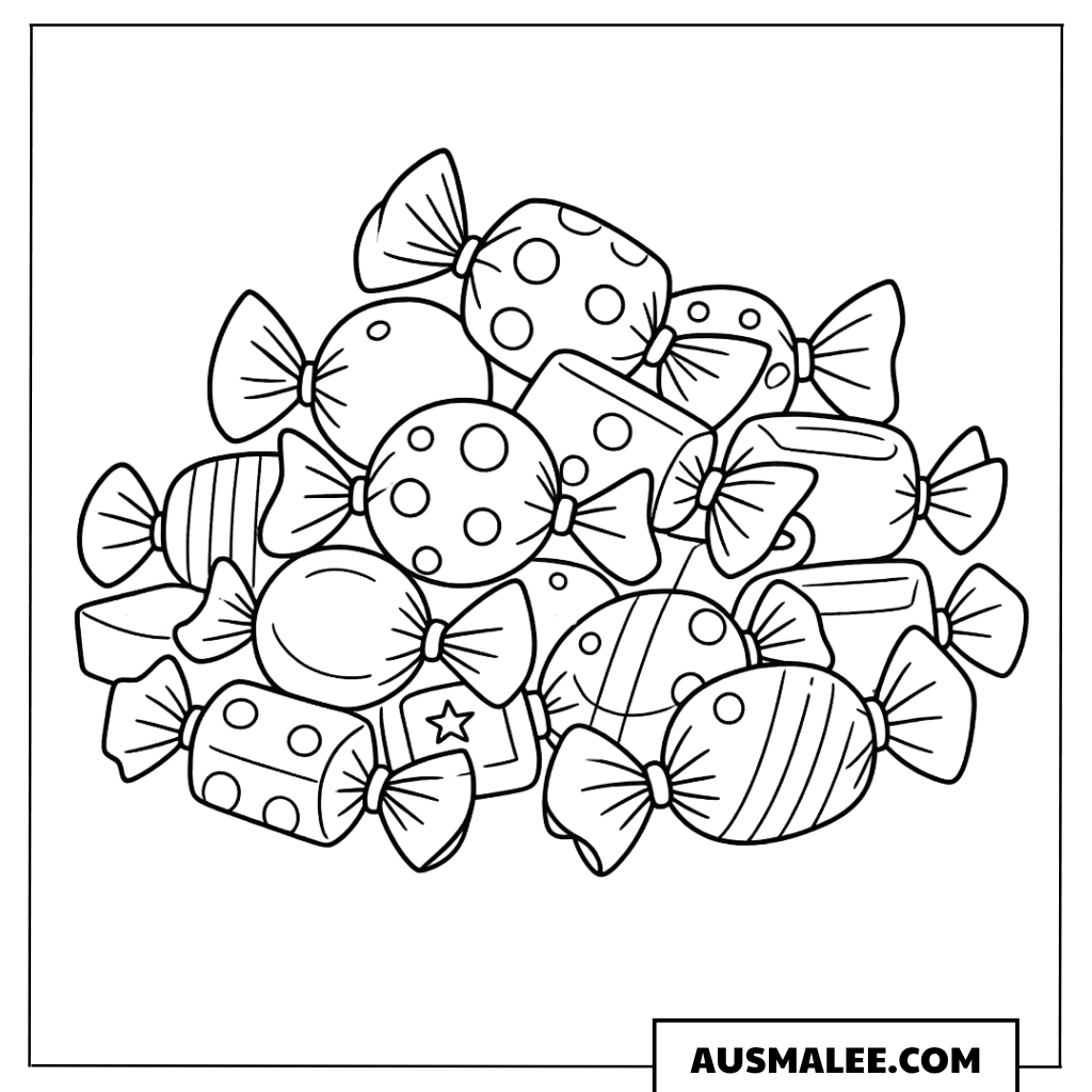 Ausmalbild Süßigkeiten-Haufen