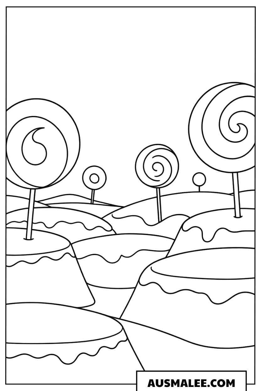 Ausmalbild Süßigkeiten-Landschaft