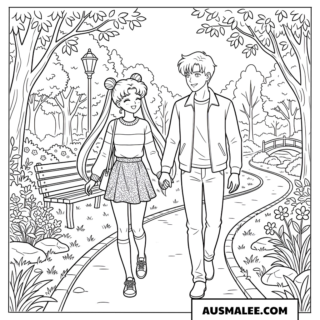 Ausmalbild Usagi und Mamoru im Park