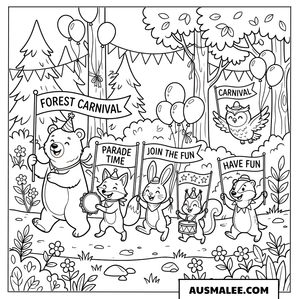 Ausmalbild Waldkarneval-Umzug