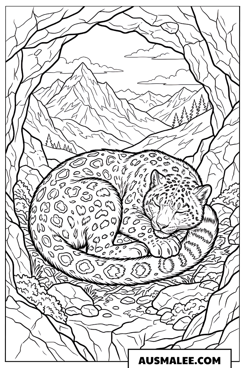 Ausmalbild Zusammengerollter schlafender Leopard