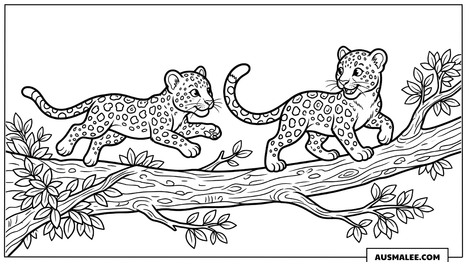 Ausmalbild Zwei Leopard-Babys auf dem Ast