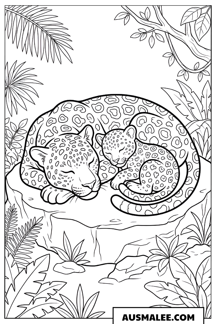 Ausmalbild Zwei Leoparden schlafen zusammen