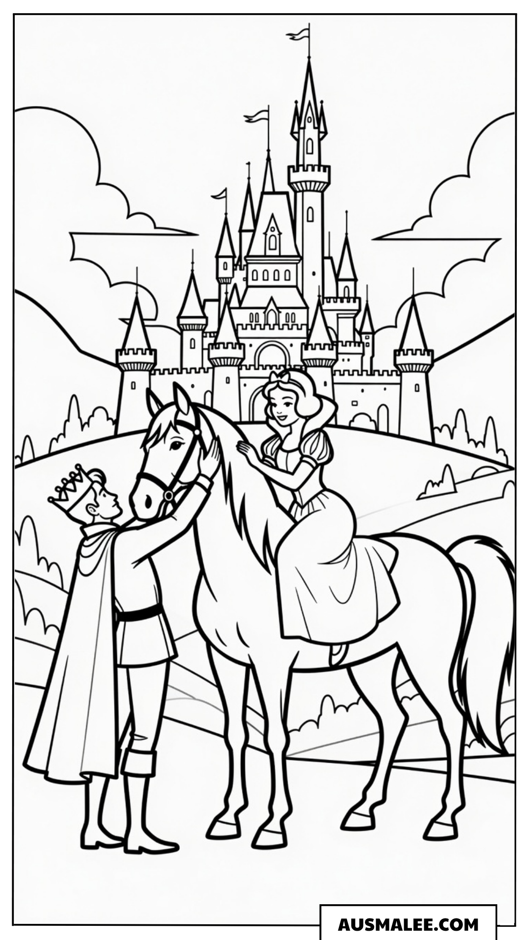 Der Prinz und Schneewittchen vor dem Schloss Ausmalbild