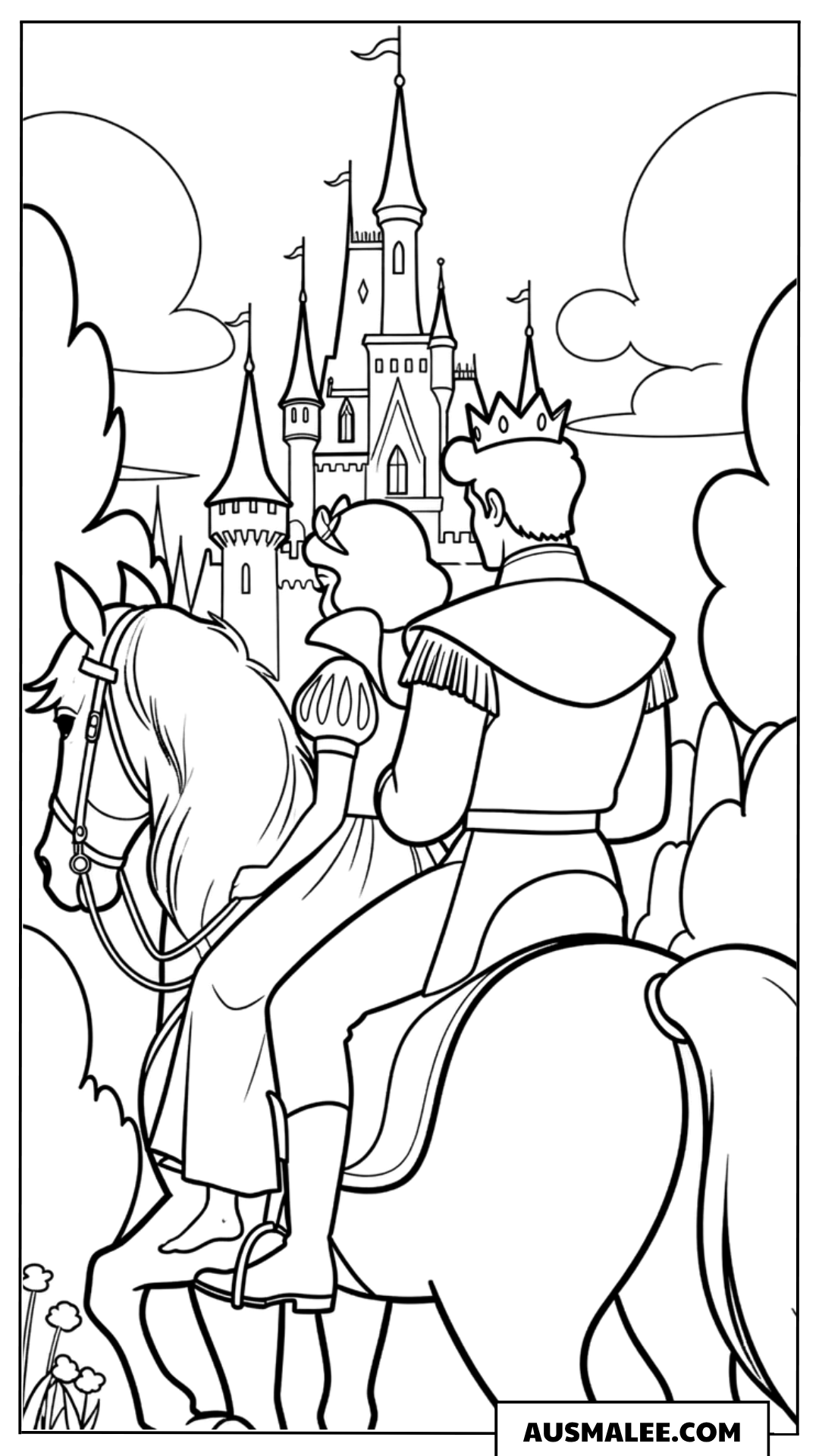 Der Prinz zu Pferd vor dem Schloss Ausmalbild
