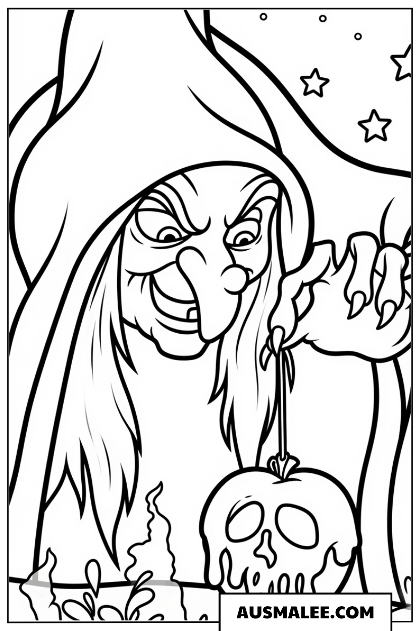 Die Hexe mit dem giftigen Apfel und Totenkopf Ausmalbild