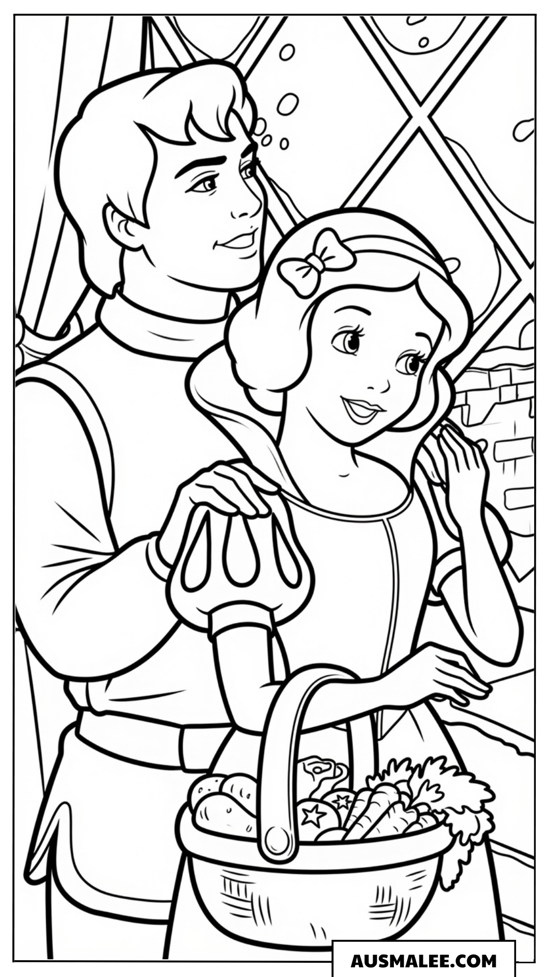 Schneewittchen und der Prinz am Fenster Ausmalbild