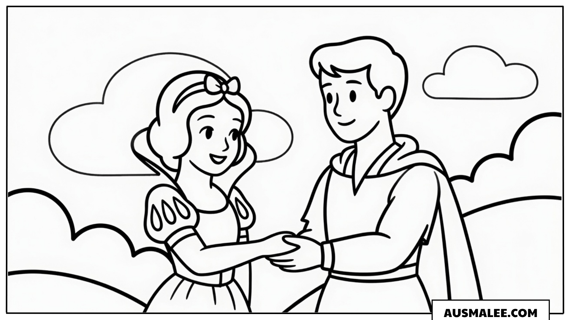 Schneewittchen und der Prinz halten Hände Ausmalbild
